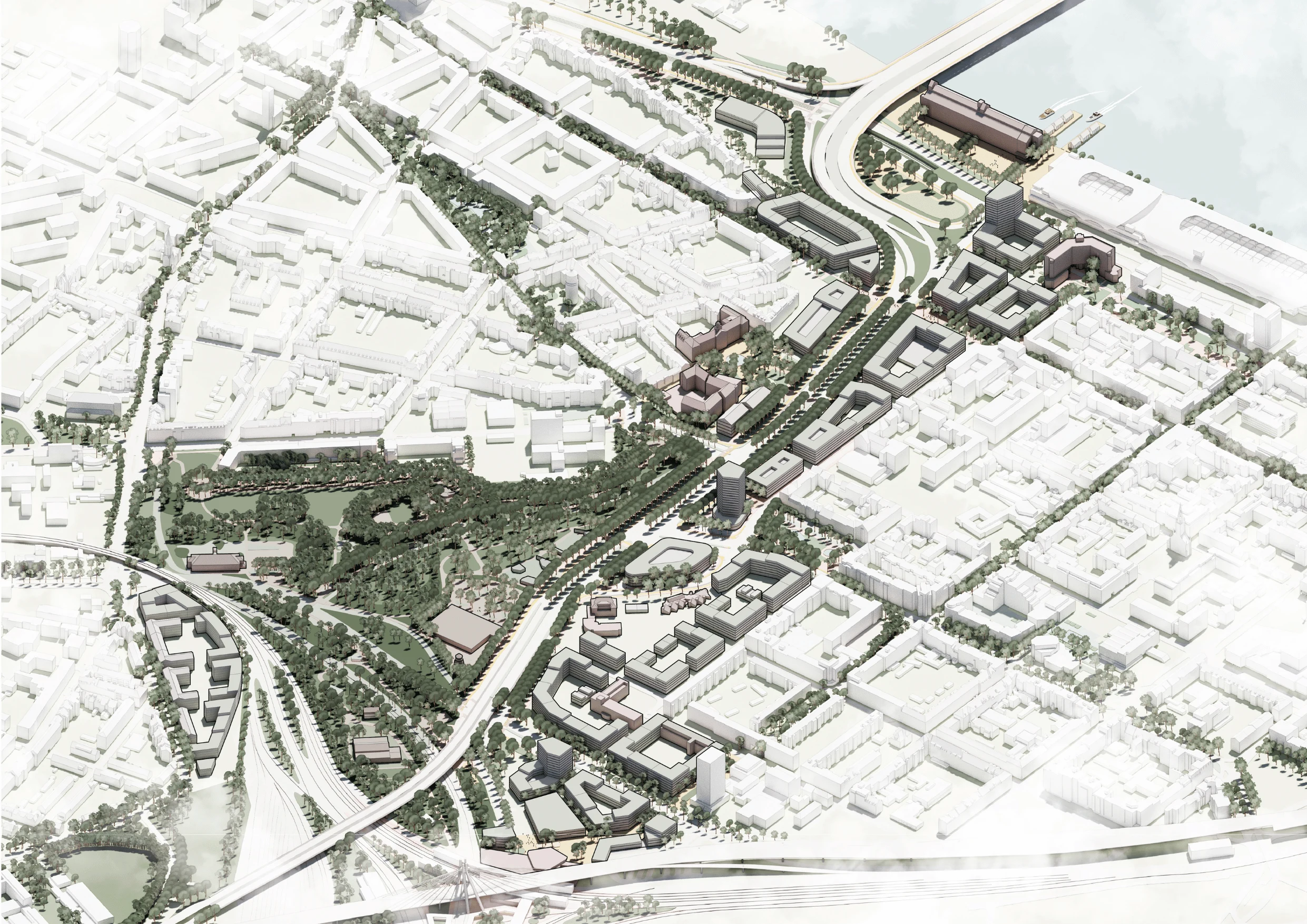 3D-Visualisierung der geplanten Zukunftsquartiere entlang der Helmut-Kohl-Allee (Konzept ADEPT)