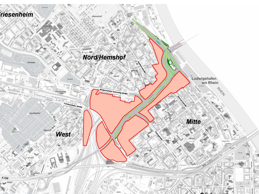 Lageplan mit dem hervorgehobenen Entwicklungsgebiet der Zukunftsquartiere entlang der Helmut-Kohl-Allee (Quelle: Stadtverwaltung Ludwigshafen am Rhein)
